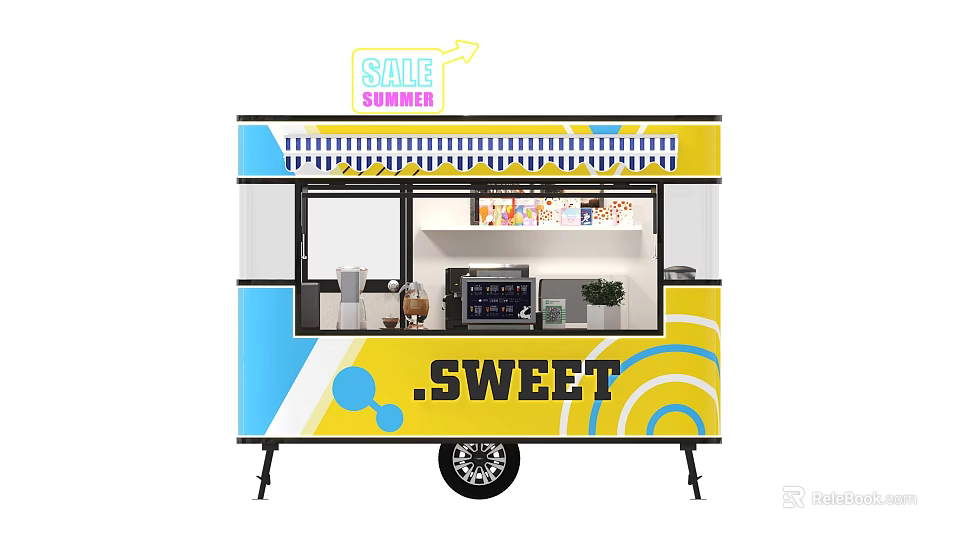 Colorful Mobile Sweet Food Cart with Summer Sale Sign Coffee Machine and Plants 3d model 