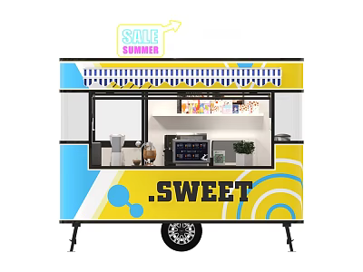 Colorful Mobile Sweet Food Cart with Summer Sale Sign Coffee Machine and Plants 3d model