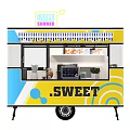 Colorful Mobile Sweet Food Cart with Summer Sale Sign Coffee Machine and Plants