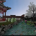 Ancient Chinese Architecture Traditional Courtyard With Central Pavilion Surrounded By Mountain And Green Trees