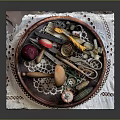 Assorted Household Items on Decorative Tray with Thread Spools Scissors and Lace Cloth