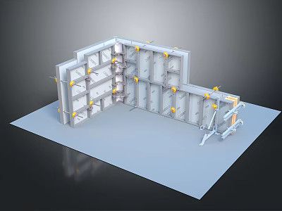 3D Rendered Modular Building Structure With White Frames And Yellow Connectors On Blue Platform 3d model