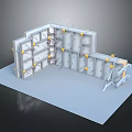 3D Rendered Modular Building Structure With White Frames And Yellow Connectors On Blue Platform
