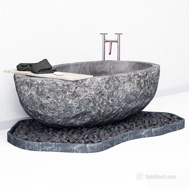 Stone Bathtub on Pebble Base with Wooden Tray Holding Black Towels Against White Walls 3d model 