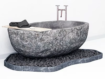 Stone Bathtub on Pebble Base with Wooden Tray Holding Black Towels Against White Walls 3d model