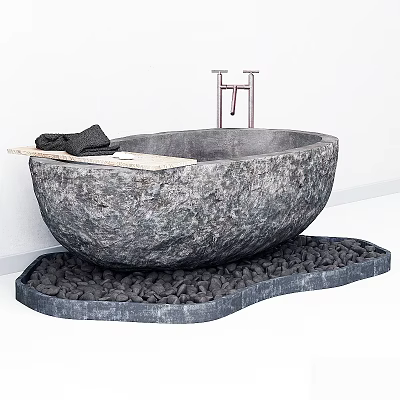 Stone Bathtub on Pebble Base with Wooden Tray Holding Black Towels Against White Walls 3d model