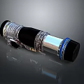Modern Tactical Weapon With Black Silver Body Blue Accent Ring Metallic Texture And Sleek Structure