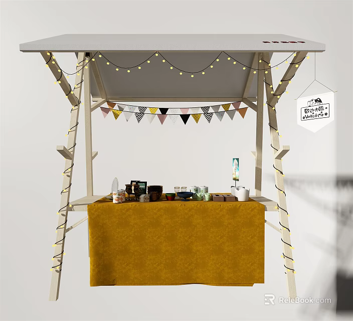 Decorated Canopy Setup With String Lights Bunting Flags And Yellow Tablecloth 3d model 