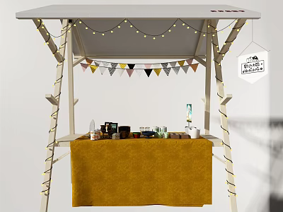 Decorated Canopy Setup With String Lights Bunting Flags And Yellow Tablecloth 3d model