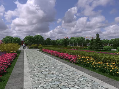 Park Landscape Featuring Paved Path Colorful Flower Beds Green Trees And Blue Sky 3d model