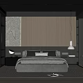 Modern Minimalist Bedroom with Wooden Accent Wall Gray Bed Bedside Lamps and Area Rug