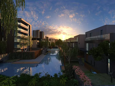 Modern Residential Landscape With Water Pool Sunset Reflections Greenery And Buildings 3d model