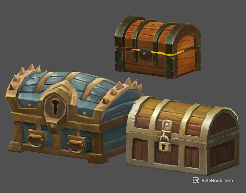 Decorative Wooden Chests With Metal Accents Spiked Design And Locks 3d model 
