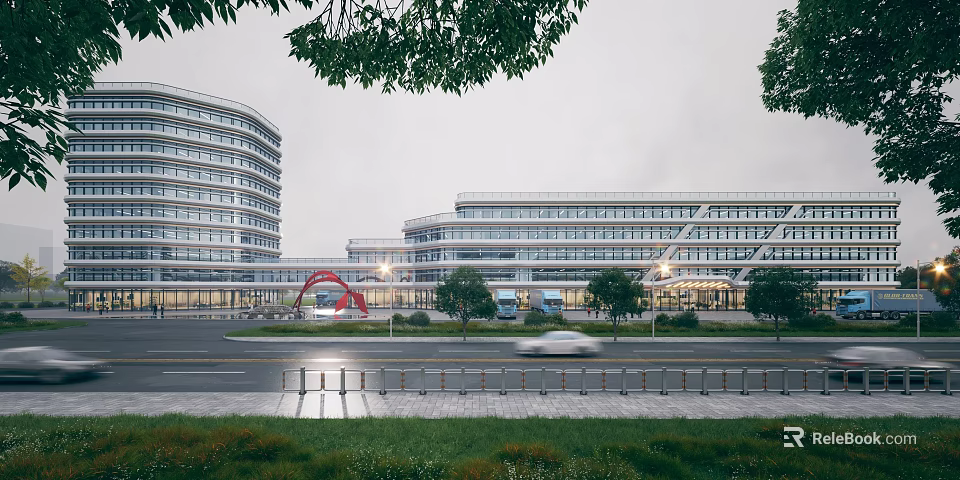 Modern Office Building Exterior With Glass Curtain Walls Trees And Roadside Landscaped Areas 3d model 