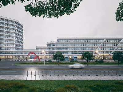 Modern Office Building Exterior With Glass Curtain Walls Trees And Roadside Landscaped Areas 3d model