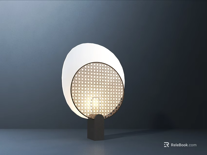 Table Lamp With Woven Grid Pattern White Circular Shade Dark Base On Deep Blue Background 3d model 