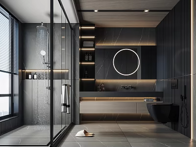 Modern Bathroom Interior Design With Dark Walls Round Mirror Glass Shower And Countertop 3d model