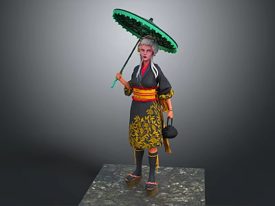 Female Character In Traditional Outfit Holding Green Umbrella With Yellow Belt And Black Pot 3d model