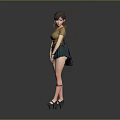 Woman in Yellow Top and Green Skirt with Tattoo Standing Against Gray Background
