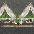 Cozy Outdoor Bar With Tent Like Structures Beige Curtains Green Plants And Wooden Flooring