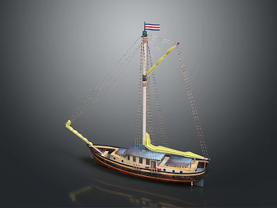 Sailing Ship Model With American Flag Yellow Sails Wooden Structure And Blue Accents 3d model