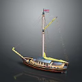 Sailing Ship Model With American Flag Yellow Sails Wooden Structure And Blue Accents