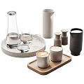 Modern Cups With Coffee Latte And Glassware On Wooden White Trays
