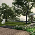 Natural Rockery Stones in Bright Indoor Space with Lake View and White Sofas