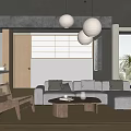 Modern Living Room Interior Design With L Shaped Sofa Wooden Coffee Table And Rattan Armchair