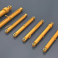 Multiple Yellow Hydraulic Cylinders As Industrial Equipment Arranged On Gray Background