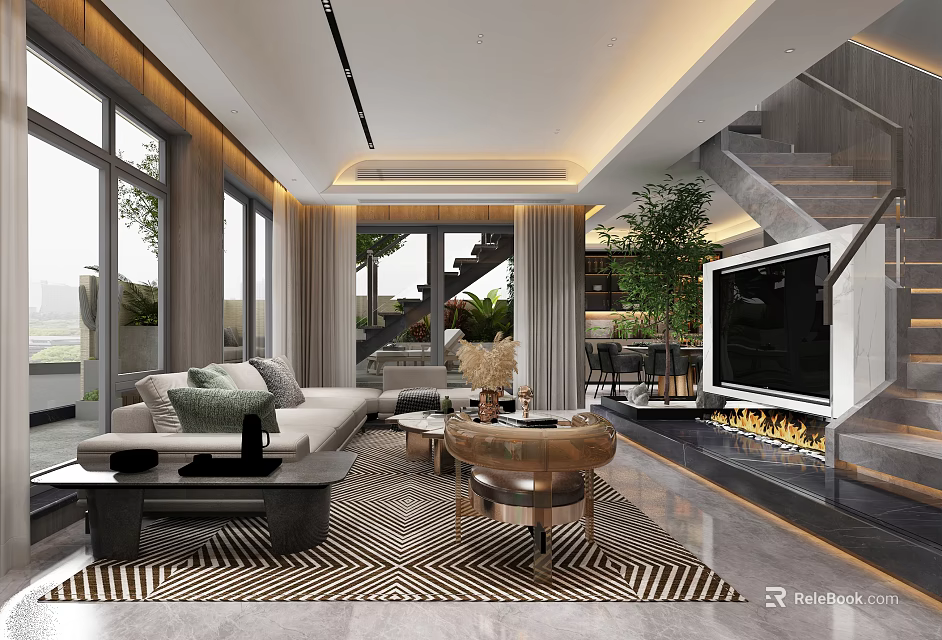 Spacious Modern Living Room with Sofa Coffee Table Area Rug TV Fireplace and Staircase 3d model 