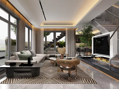 Spacious Modern Living Room with Sofa Coffee Table Area Rug TV Fireplace and Staircase 3d model