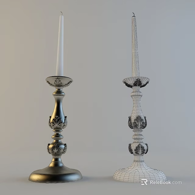 Candle Lamp With Carved Design Metallic Base And Wireframe Model 3d model 