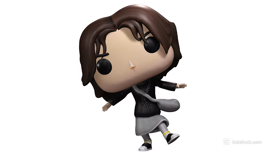 Funko Pop Style Doll With Brown Hair Black Top Gray Skirt And Walking Pose 3d model 