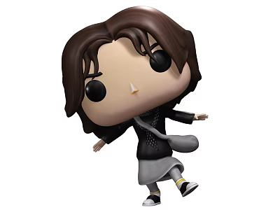 Funko Pop Style Doll With Brown Hair Black Top Gray Skirt And Walking Pose 3d model