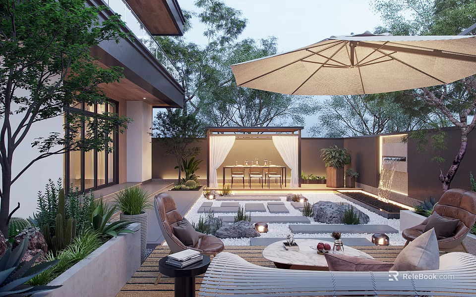 Courtyard Garden With Covered Seating Area Umbrella Loungers Wooden Deck Small Lights And Plants 3d model 
