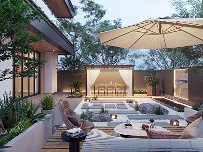 Courtyard Garden With Covered Seating Area Umbrella Loungers Wooden Deck Small Lights And Plants 3d model