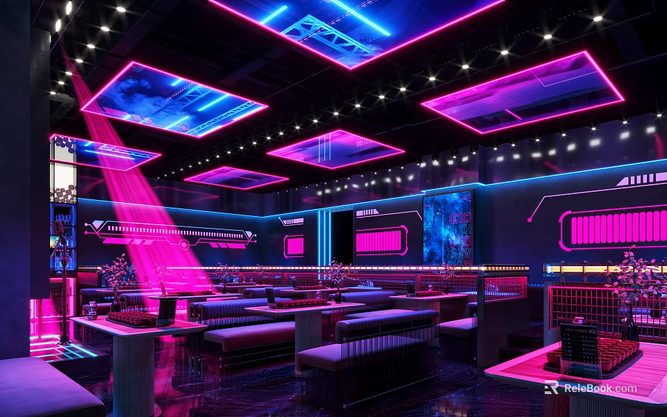 Neon Lit Modern Bar Interior Design With Stylish Seating And Ceiling Decor 3d model
