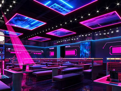 Neon Lit Modern Bar Interior Design With Stylish Seating And Ceiling Decor 3d model