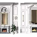 Classical White Wall Design With Fireplace Mirror Decorative Molding And Plants 3d model