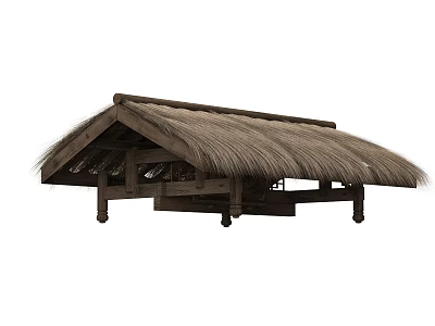 Wooden Awning With Thatched Roof And Supporting Posts For Outdoor Shade 3d model