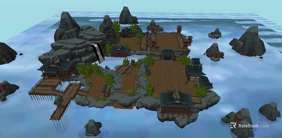 Ancient Architecture on Scenic Island with Rocks Water Bridges Traditional Roofs Wooden Structures and Trees 3d model 