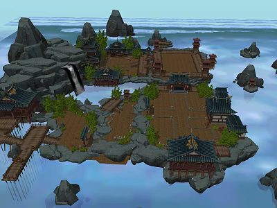 Ancient Architecture on Scenic Island with Rocks Water Bridges Traditional Roofs Wooden Structures and Trees 3d model