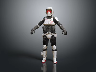 Armored Character In White Black Armor With Red Accents Helmet And Triangular Emblem Standing 3d model