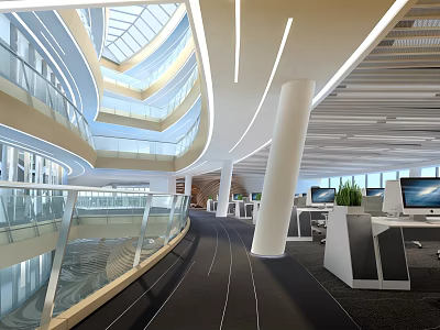 Modern Public Office Space Interior With Curved Architecture Glass Railings And Workstations 3d model