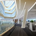 Modern Public Office Space Interior With Curved Architecture Glass Railings And Workstations