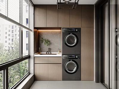 Home Balcony Laundry Setup With Stacked Washing Machine Dryer Wooden Cabinets And Large Windows 3d model