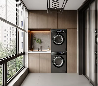Home Balcony Laundry Setup With Stacked Washing Machine Dryer Wooden Cabinets And Large Windows 3d model