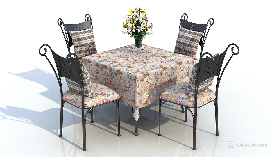 Floral Patterned Table And Chair Set With Vase Flowers Black Metal Frame Checkered Cushions 3d model 