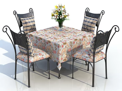Floral Patterned Table And Chair Set With Vase Flowers Black Metal Frame Checkered Cushions 3d model